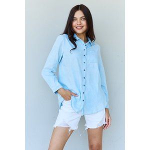 Jean Baby Denim Button Down Shirt Top in Light Blue Casual Long Sleeves Solid